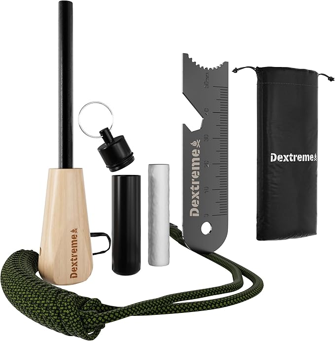 Dextreme Ferro Rod Flint Fire Starter Kit with Handcrafted Wood Handle, Coton Tinder, Transport Bag Multi-Tool Striker Paracord Lanyard for Camping Gear 12,000+ Strikes 5/16'' Thick Bushcraft Survival