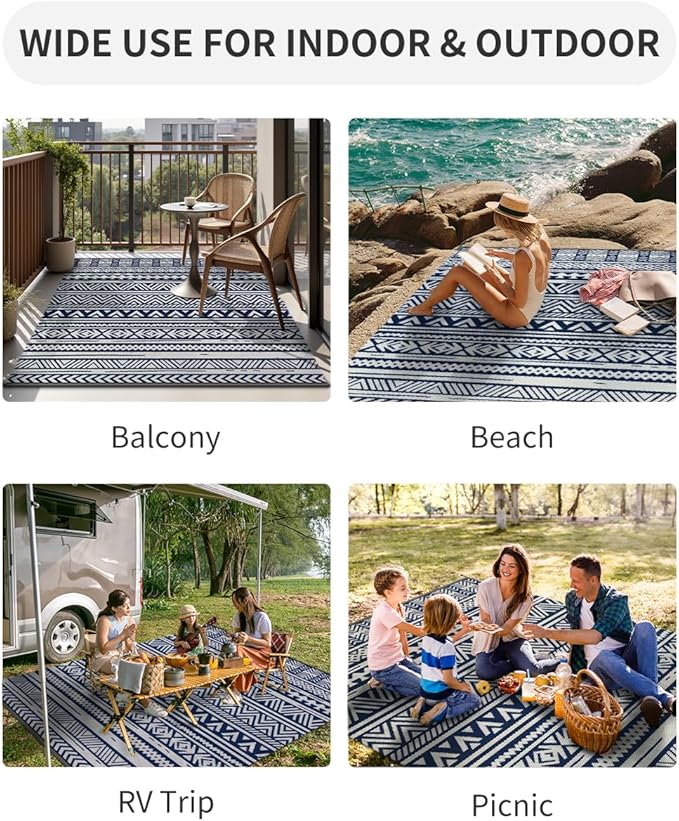 MontVoo-Outdoor Rug Carpet Waterproof 5x8 ft Reversible Patio Rug RV Camping Rug-Plastic Straw Rug Outside Indoor Outdoor Area Rug for Patio Deck Balcony Picnic Beach Outdoor Decor Boho Navy Blue