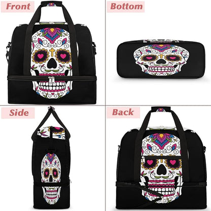 Sugar Skull Mexican Foldable Travel Duffel Bag Tote Carry On Luggage Sports Gym Bag With Shoe Compartment For Woman Man Overnight Weekend Yoga Workout Bag Training Handbag