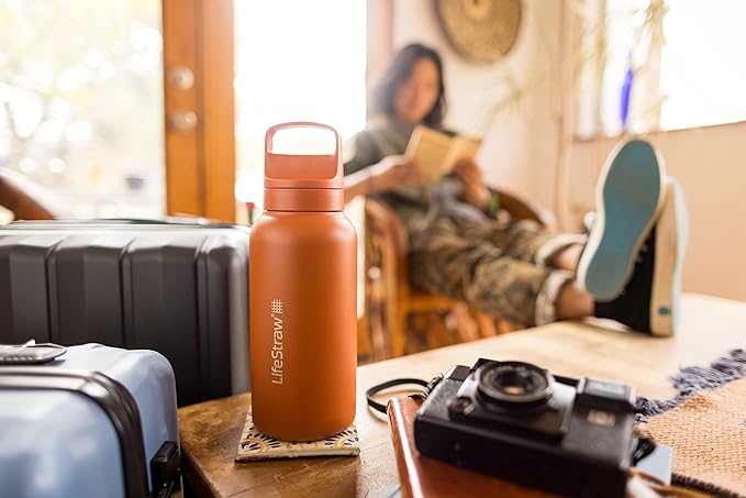 LifeStraw Go Series – Insulated Stainless Steel Water Filter Bottle for Travel and Everyday use removes Bacteria, parasites and microplastics, Improves Taste, 24oz Nordic Noir