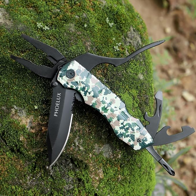 12-IN-1 Pocket Multitool (Camo) with Pocket Knife, Pliers, Can Opener, Bottle Opener, 9-in-1 Screwdriver Bit Set, Safety Locking and Nylon Sheath, Good for Outdoor, Camping and Hiking