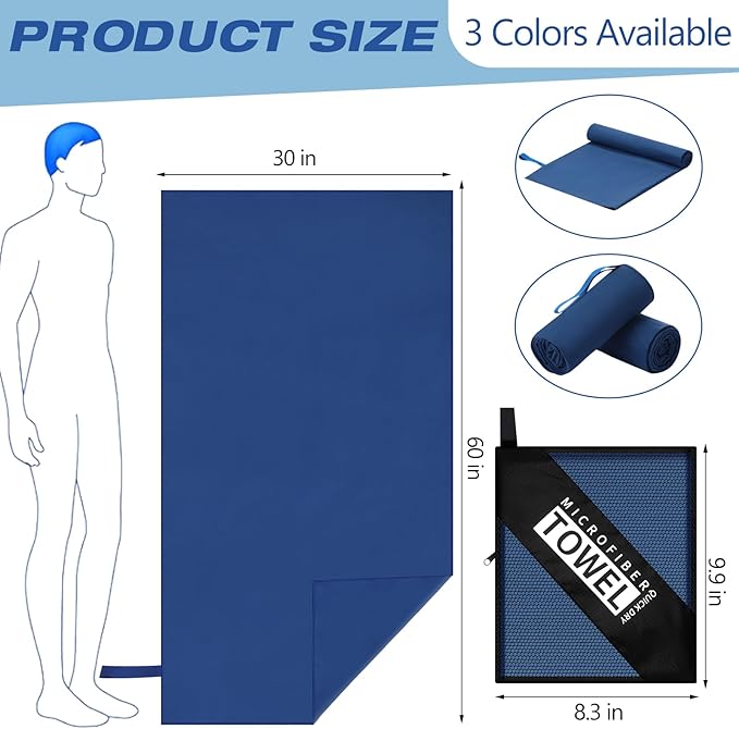 2 Pack Microfiber Beach Towel Large Travel Towel 60 x 30 Inch Quick Dry Swimming Towel Absorbent Ultra Compact Lightweight Camping Towel for Gym, Hiking, Pool, Yoga