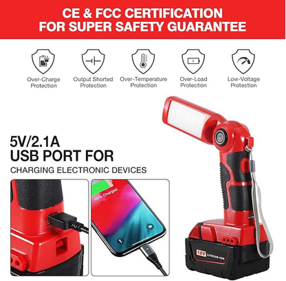 YEX-BUR LED Work Light Torch for Milwaukee m18 18v Battery 12W 1000LM Flashlight with USB-A Charging Port Portable Outdoor Indoor Lights for Workshop,Garage,Camping,Emergencies