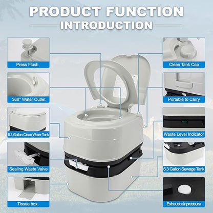 Portable Toilet RV Potty, 6.4 Gallon 24L Piston Pump Flush with Level indicator Detachable Anti-Leak Handle Water Pump,Rotating Spout Indoor & Outdoor Hiking Toilet for Camping, Fishing Travel
