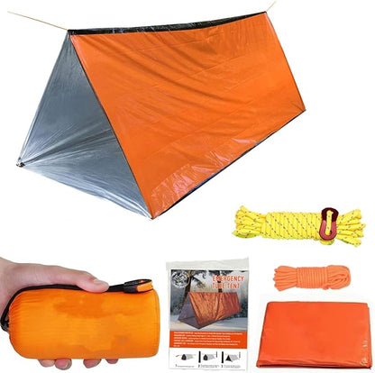 1 Piece Survival Shelter, Polyester Film Emergency Tent with String Bundle Pocket Whistle,String with Buckle for Hiking, Camping, First Aid Hurricane