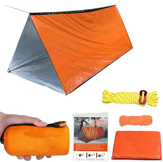 1 Piece Survival Shelter, Polyester Film Emergency Tent with String Bundle Pocket Whistle,String with Buckle for Hiking, Camping, First Aid Hurricane