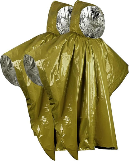Emergency Rain Poncho & Sleeping Bag Set of 2 Green Thermal Mylar Space Blanket Sack Survival Kit for Car Activities Hiking Camping Gear Equipment