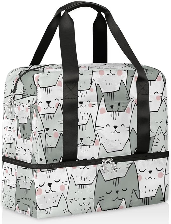 Sports Gym Bag Cute Cartoon Cat Travel Duffel Bag Waterproof Lightweight Swim Bag Travel Tote Luggage Weekender Overnight Handbag Workout Bag with Shoes Compartment for Women Men