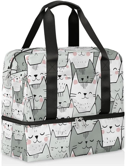 Sports Gym Bag Cute Cartoon Cat Travel Duffel Bag Waterproof Lightweight Swim Bag Travel Tote Luggage Weekender Overnight Handbag Workout Bag with Shoes Compartment for Women Men