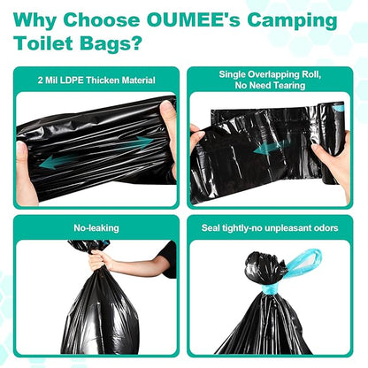 OUMEE 60 Portable Toilet Bags Poo Gel Set, 8 Gallon Camping Toilet Bags with Absorbent Toilet Gel, Toilet Waste Bags, Leak-Proof Trash Bags for Outdoor Camping Toilet, Traveling, RV Trip