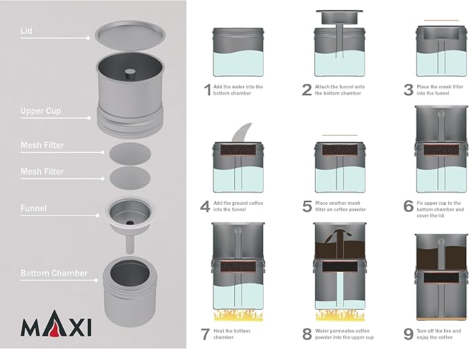 Maxi Coffee Maker, Titanium Moka Pot, 5oz each brew, backpacking friendly