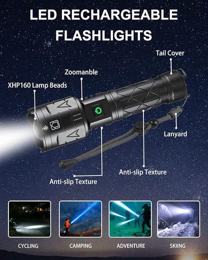 Rechargeable Flashlights High Lumens, Super Bright Flashlight 100000 Lumens, Powerful Tactical Flashlights, 5 Modes, Zoomable, IPX5 Waterproof, Handheld XHP160 LED Flashlight for Emergency Camping