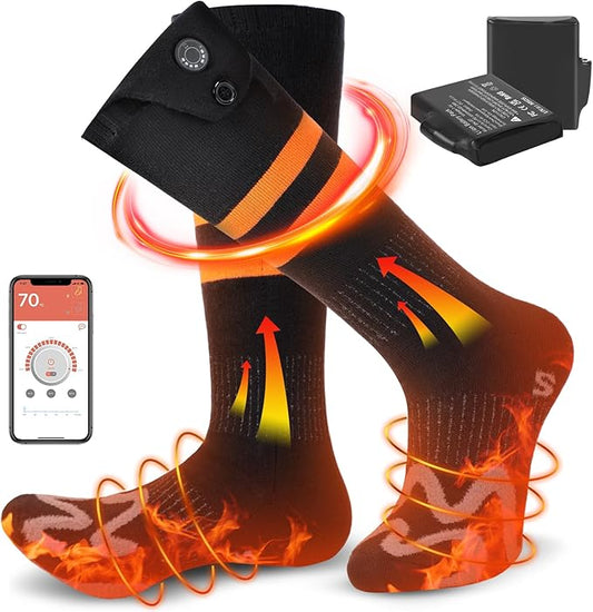 Heated Socks for Men Women,7.4V 3000mAh Rechargeable Heated Socks with APP Control Washable Electric Heating Socks Feet Warmer for Winter Outdoor Sports Hunting Skiing Camping (Orange Black-XL)