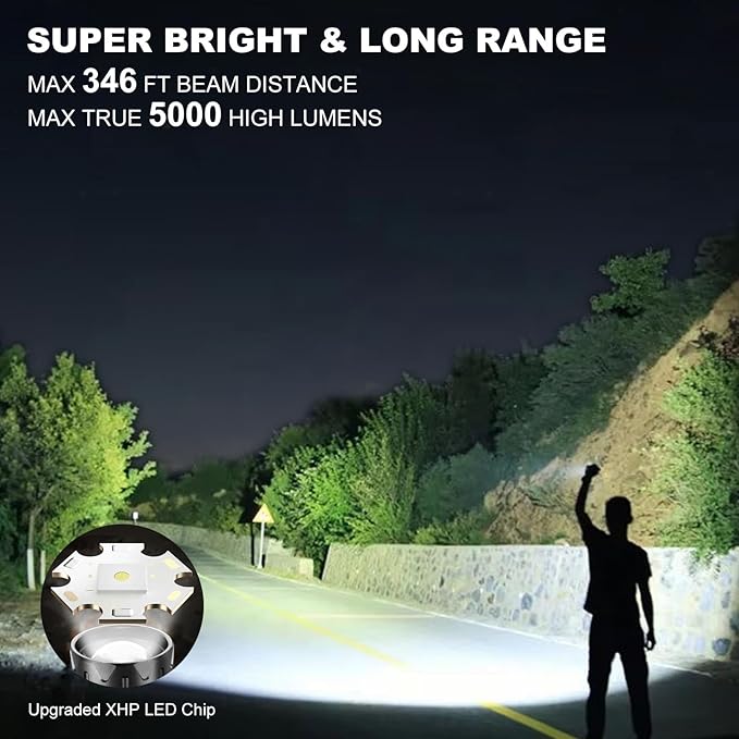 5000mAh Rechargeable Flashlight USB 5000 Lumens Outdoor Strong Cob Light, Zoomable Beam LED Flash Light with Magnet 9 Light Modes and SOS for Emergencies, Home, Camping, Hiking, Pet Walking