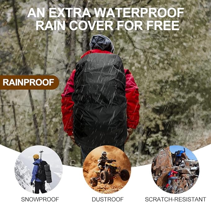 INOXTO 40L Hiking Backpack with Waterproof Rain Cover, Khaki, Unisex