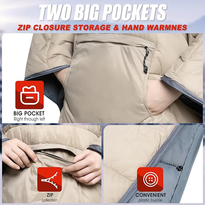 Sleeping Bag Wearable Hooded Blanket - Envelope Lightweight Thermal Cloak Cape Windproof with Premium Stuff Compression Sack for Backpacking Hiking Hunting Fishing Outdoor Sport