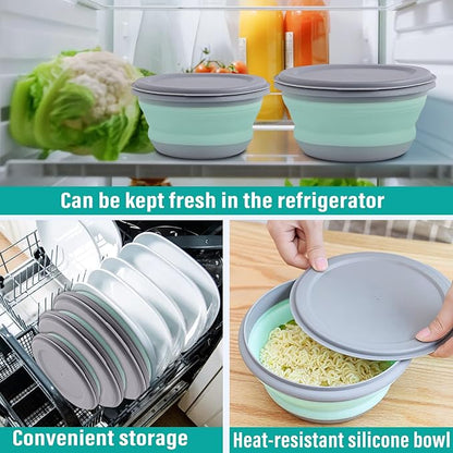 Collapsible Bowls, 3pcs Food Grade Silicone Camping Bowl Salad Bowl with lids, Portable Expandable Lunch Box Food Storage Container for Camping Travel and Picnic