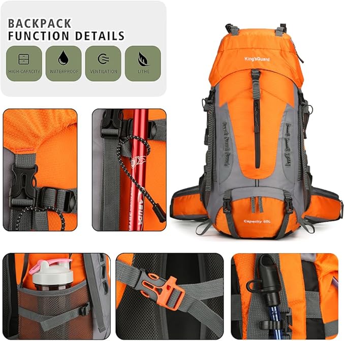 King'sGuard 60L Hiking Backpack Men Women Camping Backpack Waterproof Backpacking Mountaineering Climbing Daypack with Rain Cover (Orange)