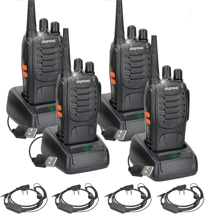 BAOFENG Walkie Talkies Long Range for Adults 2 Way radios with Programming Cable and Earpieces Walky Talky Rechargeable Handheld Two Radios Flashlight Li-ion Battery USB Charger（4 Pack）, (BF-888S)