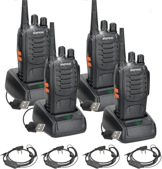 BAOFENG Walkie Talkies Long Range for Adults 2 Way radios with Programming Cable and Earpieces Walky Talky Rechargeable Handheld Two Radios Flashlight Li-ion Battery USB Charger（4 Pack）, (BF-888S)