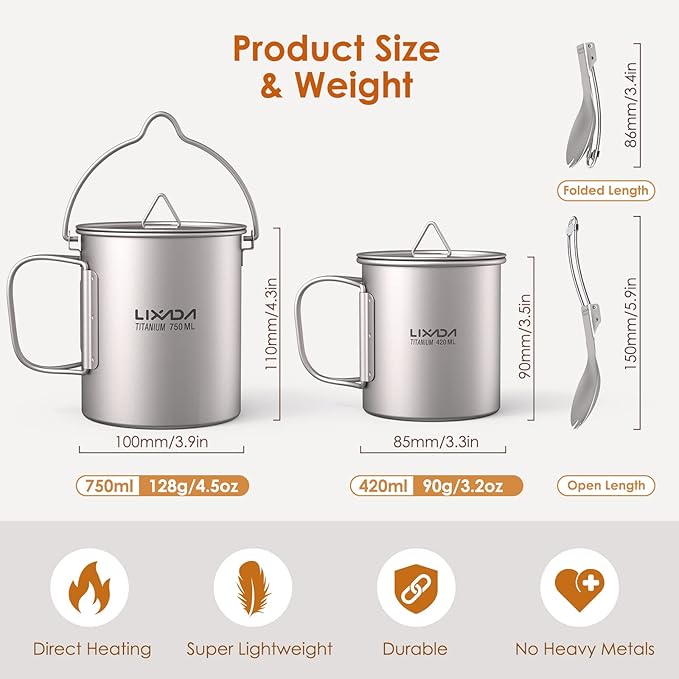 Lixada Camping Titanium Pot,750ml Titanium Pot with 450ml Water Cup Mug Folding Spork Camping Cookware Set for Outdoor Camping Hiking Backpacking