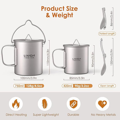 Lixada Camping Titanium Pot,750ml Titanium Pot with 450ml Water Cup Mug Folding Spork Camping Cookware Set for Outdoor Camping Hiking Backpacking