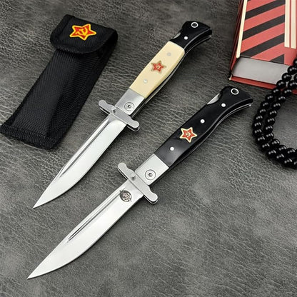 Finka-NKVD KGB Folding Pocket Knife,3.66" Mirror Polished 440C Blade and ABS Handle,Nylon Sheath,Assisted Opening Flipper Knife with Lockback, EDC for Camping Hunting Survival (BLACK)