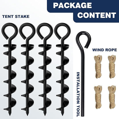 Eurmax USA Canopy Tent Stakes Dog Tie Out Stakes Corkscrew Shape Steel Trampoline Stakes with Iron Rod Installation Tool & 4 Wind Ropes - Set of 4 (Black)