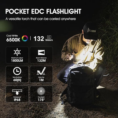 WUBEN E7 1800 Lumen Rechargeable Mini Flashlight with Magnet - Super Bright 6 Modes EDC Flashlight, Typ-C Rechargeable LED; IP68 Pocket Flashlight for Headlamp Use, Rescue, Camping