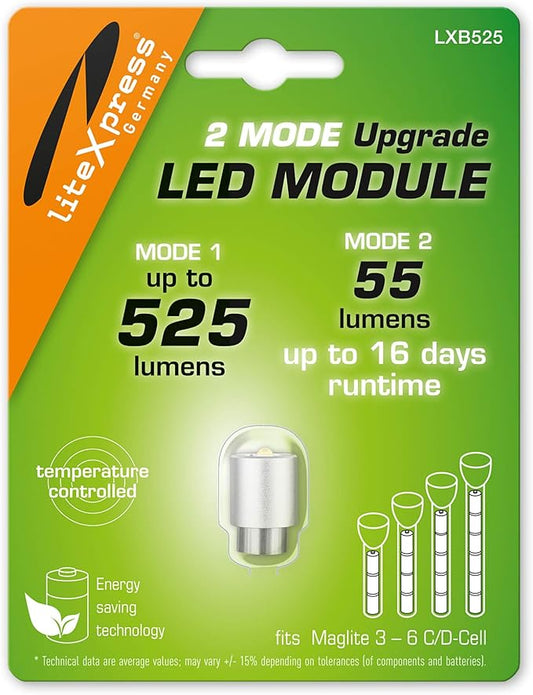 LiteXpress LXB525 2 Mode LED Upgrade Module 525 or 55 Lumen for 3-6 C/D Cell Maglite Torches