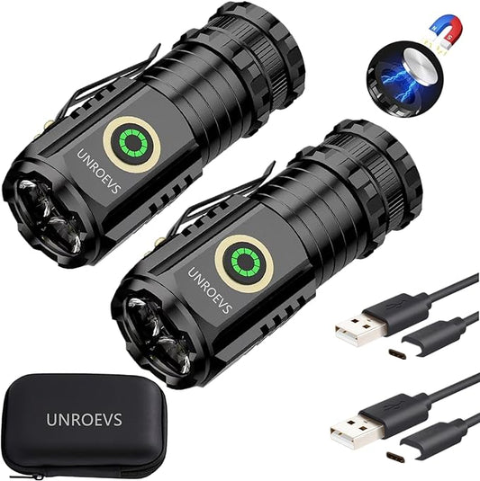Mini Flashlight 2550 Lumens Rechargeable USB C Charging, Small Flashlights High Lumens 5 Modes, Pocket Flashlight with Clip, Magnetic Flashlight for EDC,Camping, Hiking,Emergency (2 Pack)