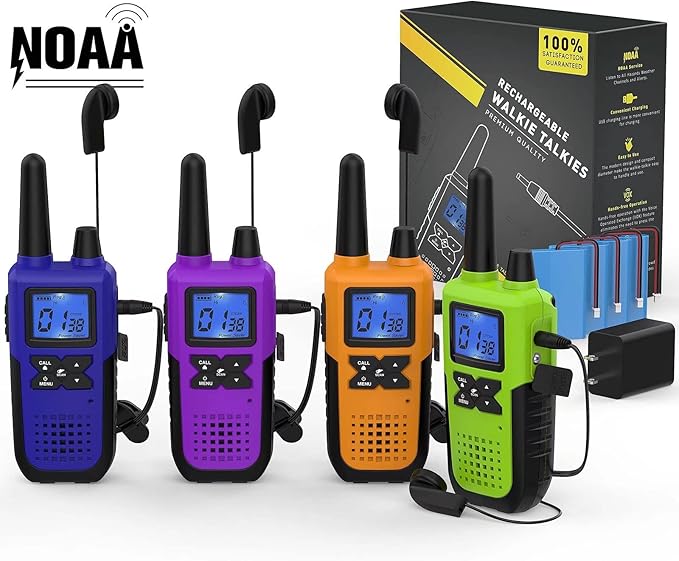 4 Walkie Talkies for Adults Long Range Rechargeable Walkie-Talkies - Long Distance 2 Way Radio Walkie Talkies 4 Pack Walkie Talkies with Earpiece Mic Set USB Charger Lanyard NOAA Weather Alert