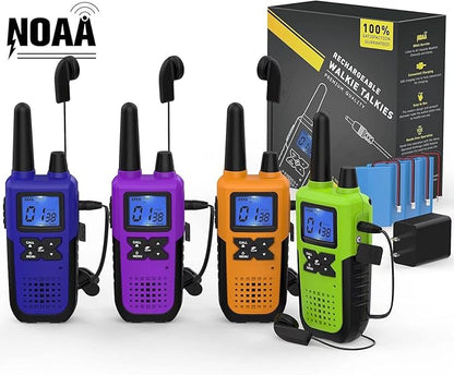 4 Walkie Talkies for Adults Long Range Rechargeable Walkie-Talkies - Long Distance 2 Way Radio Walkie Talkies 4 Pack Walkie Talkies with Earpiece Mic Set USB Charger Lanyard NOAA Weather Alert