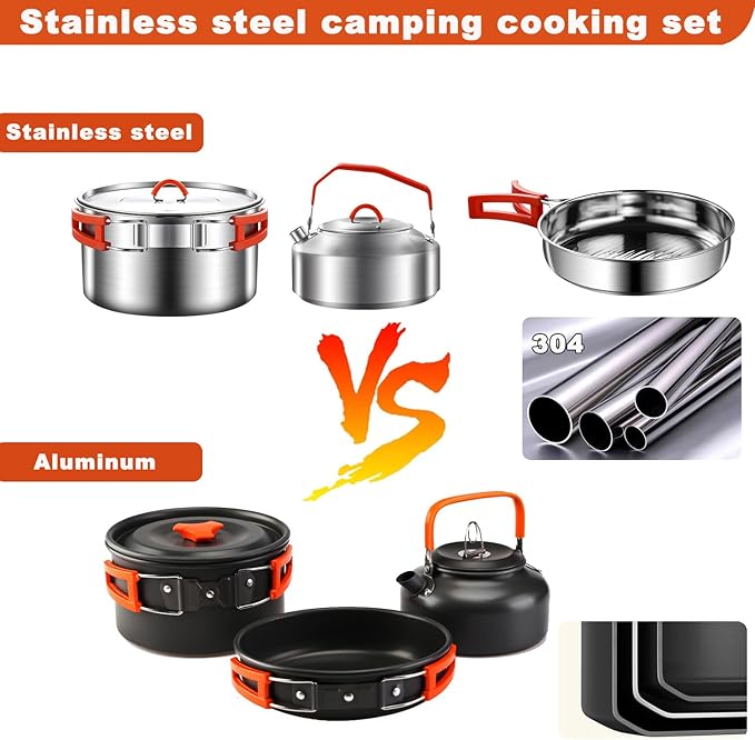 Camping Cooking Set,Camping Cookware Mess Kit,304 Stainless Steel Camping Pot and Pan Set with Kettle Cups Plates Forks Knives Spoons for Camping, Picnic, RVs for 2 People