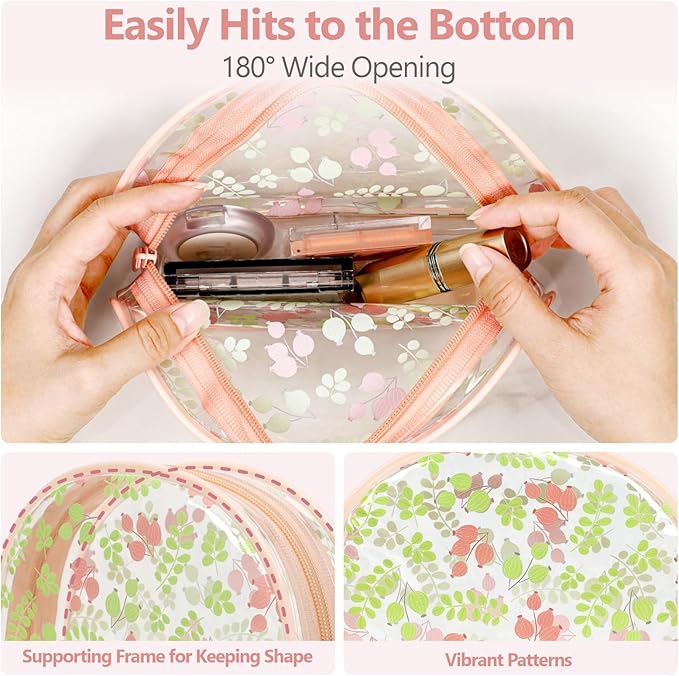 PACKISM TSA Approved Toiletry Bag - Pink Floral Print Clear Shell Bag and Upgrade Color-Edged Clear Travel Bag, Perfect for On the Go or Travel, Lightweight and Robust, 2 Pack