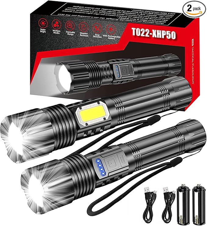 Rechargeable LED Tactical FLashlight 8000 High Lumens, Super Bright LED Flashlight with Power Display, Zoomable, COB Work Light,Waterproof,5 Modes,Powerful Handheld Flashlight for Camping 2 Pack