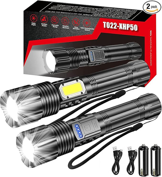 Rechargeable LED Tactical FLashlight 8000 High Lumens, Super Bright LED Flashlight with Power Display, Zoomable, COB Work Light,Waterproof,5 Modes,Powerful Handheld Flashlight for Camping 2 Pack