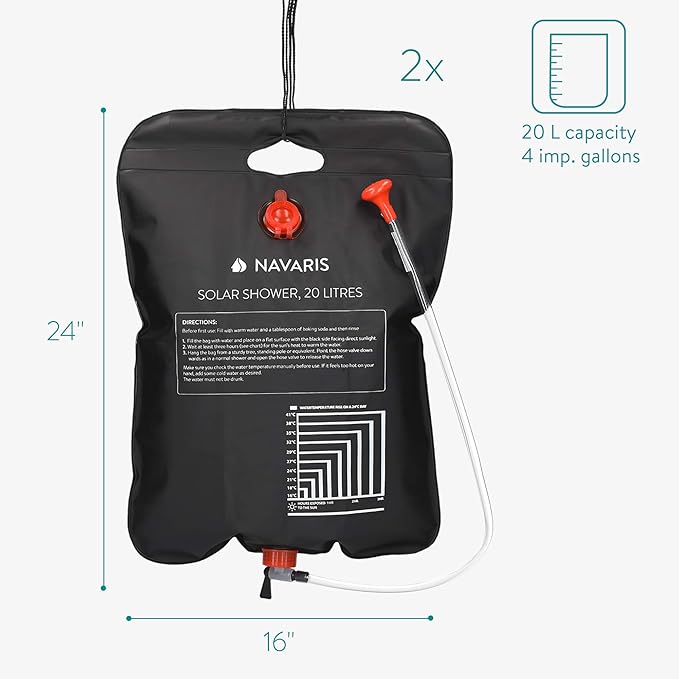 Navaris Solar Shower Bag 5 Gallons - 2X Solar Heating Camping Shower Bag with Shower Head, Hose, Tap Head - for Ideal Traveling, Hiking, Backpacking