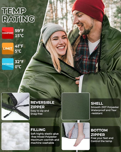 Ohuhu Double Sleeping Bag for Adults with 2 Pillows, Queen Size Two Person Sleeping Bag for Camping Hiking Backpacking 2 Person Sleeping Bags for Cold Weather & Warm