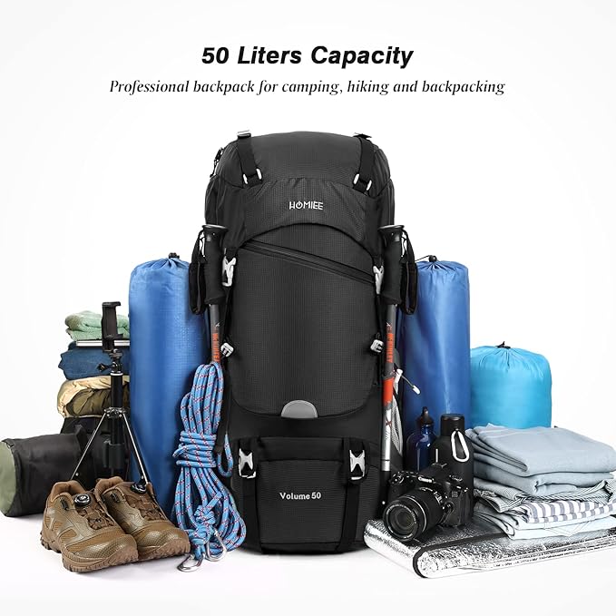 HOMIEE 50L Hiking Backpack Travel Bag Waterproof Camping Backpack with Rain Cover Lightweight Backpacking Backpack Rucksack