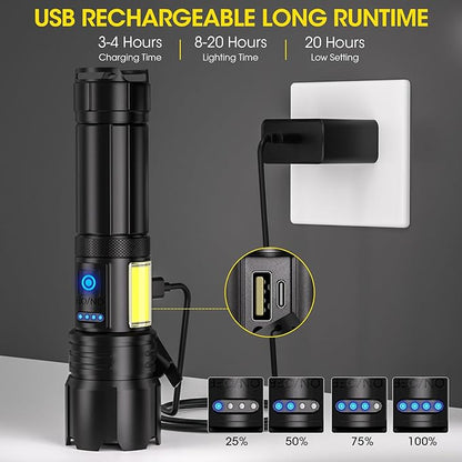 Flashlight High Lumens, Rechargeable Super Bright 30000 Lumen LED Tactical Flashlights 1800M Long Throw Spotlight with Cob Side Light,Zoomable, Waterproof Flashlight for Home Emergency Camping Search
