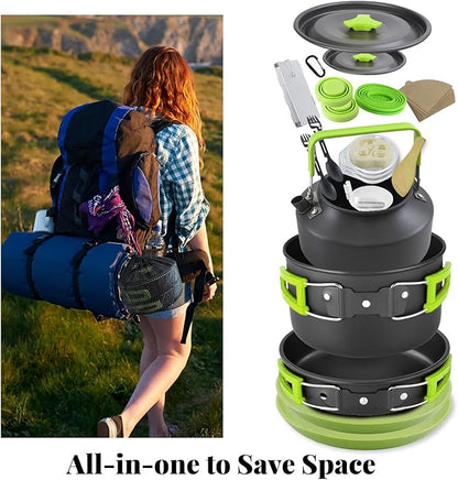 Camping Essentials Cookware Cooking Set, Camping Pots and Pans Set for Backpacking Gear, Car Camping Mess Kit for Camping Stove, Camp Kitchen with Camping Kettle, Pour Over Coffee Dripper
