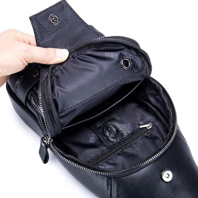 KPYWZER Genuine Leather Sling Backpack with USB Charging Port Chest Bag Outdoor Hiking Travel Daypack Black