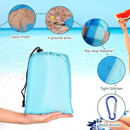 Batiyeer 4 Pcs Beach Blanket Sandproof Extra Large Beach Mat Anti Sand Waterproof Picnic Blanket Lightweight with 16 Stakes for Travel Camping Hiking Picnic (Lake Blue Dark Blue, 120 x 107 Inch)