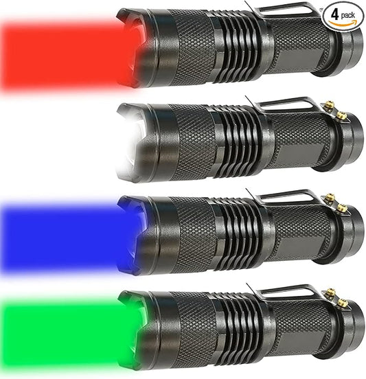 Red Green Blue White Light Flashlight Single Mode LED Flashlight with Clip Zoomable Mini Flashlight for Hunting Camping Night Observation, 4 Pack
