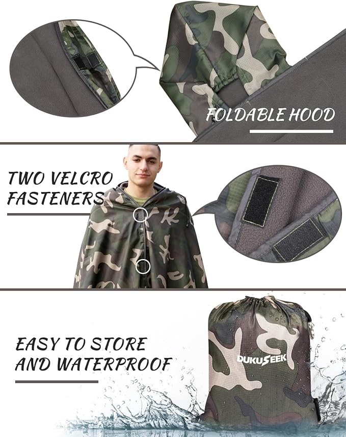 DUKUSEEK Hooded Stadium Blanket, Camouflage Waterproof Windproof Outdoor Fleece Blanket - Large (79"x 59"), Portable, Wearable, Warm for Outdoor Hunting, Sporting Events…