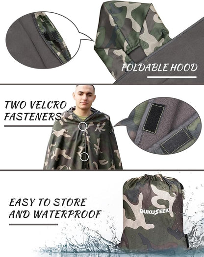 DUKUSEEK Hooded Stadium Blanket, Camouflage Waterproof Windproof Outdoor Fleece Blanket - Large (79"x 59"), Portable, Wearable, Warm for Outdoor Hunting, Sporting Events…