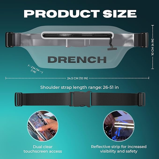 Drench Clear Waist Bag – Stadium Approved, Touchscreen Friendly, Water-Resistant Zipper, Fits iPhone 15, 14, 13, Samsung Galaxy S23, Pixel 8 – Small Concert Bag for Events, Airports, Casual Fashion