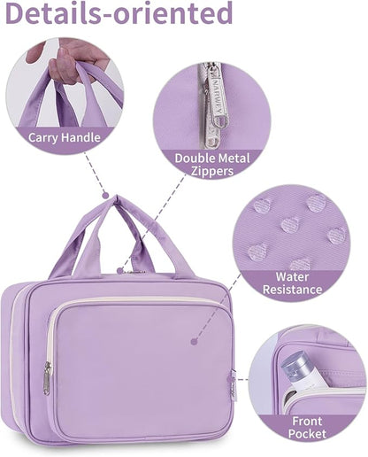 Travel Toiletry Bag for Women Large Hanging Makeup Bag Organizer Toiletries Bag for Full Size Essentials Accessories Cosmetics (Purple (Large))