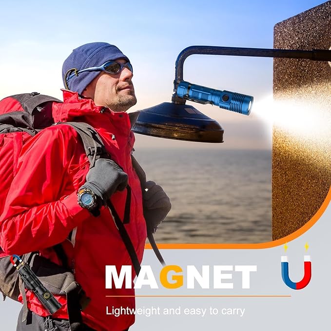 Small Tactical Flashlights 20000 High Lumens - 1500 Meters Long Beam Super Bright LED Magnetic Flashlight USB Rechargeable Zoomable 5Modes Long Beam Spotlight Flashlight for Hiking, Camping-Blue